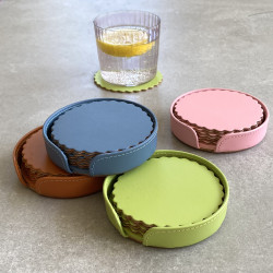 Set of 6 Recycled Leather Scallop Coasters And Holder