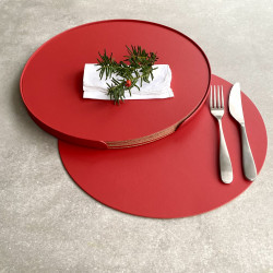 Set of Six Extra Large Circular Table Mats in a Holder, Crafted from Recycled Leather