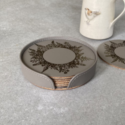 Set of Six Antique Bronze Floral Design Recycled Leather Coasters