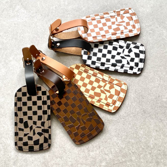 Checkerboard Recycled Leather Luggage Label - Earth Tones